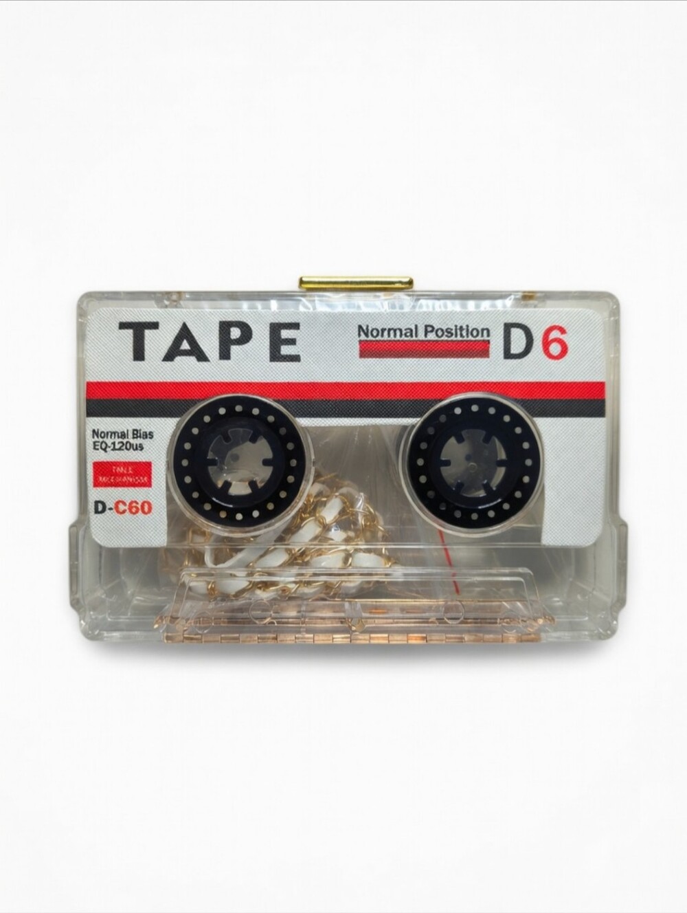 Clear Retro Cassette Tape Case Clutch with Gold Chain Strap - Picture 4 of 5